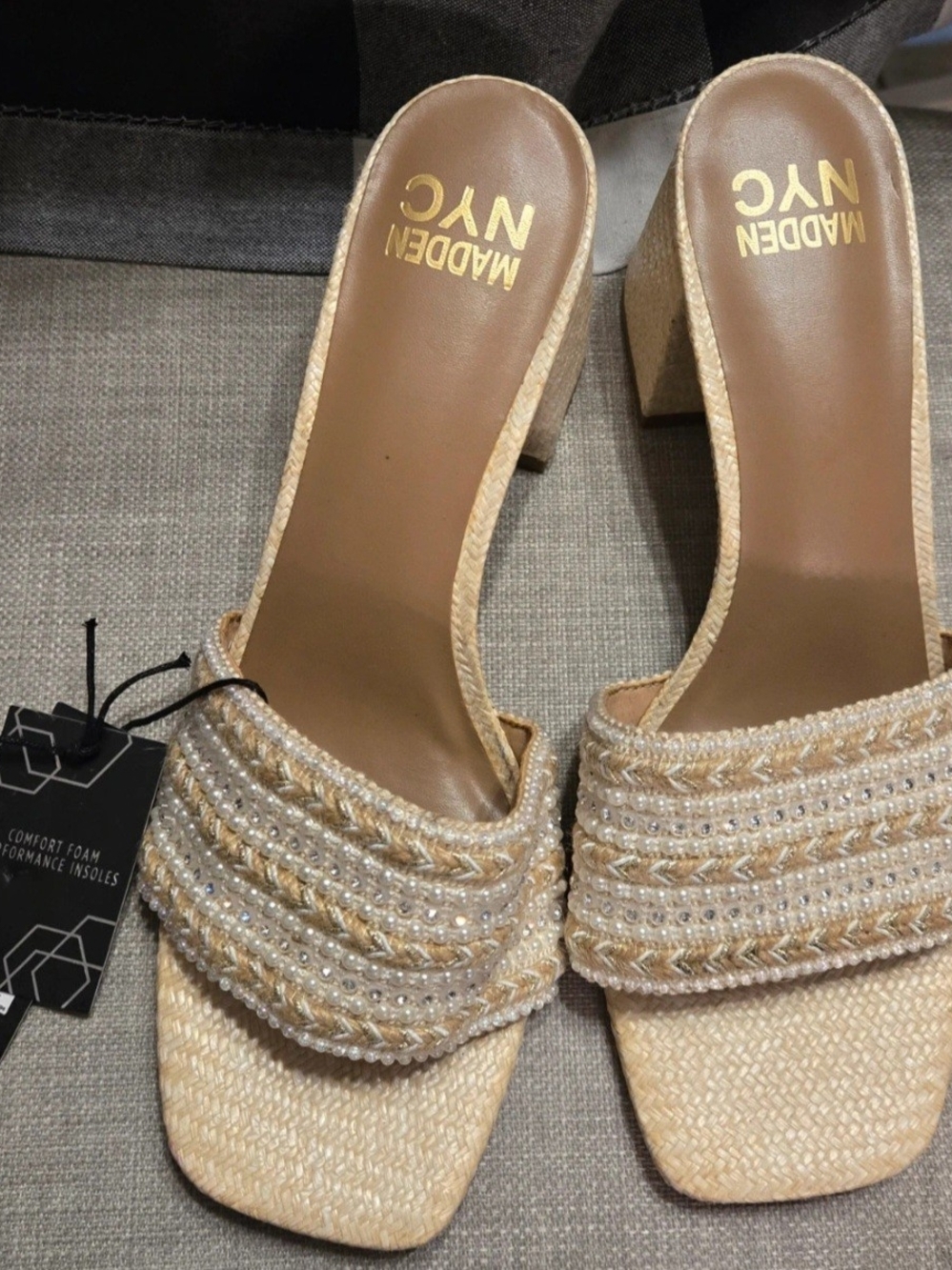 Madden NYC Women's Beige Braided Beaded Slide Mules
